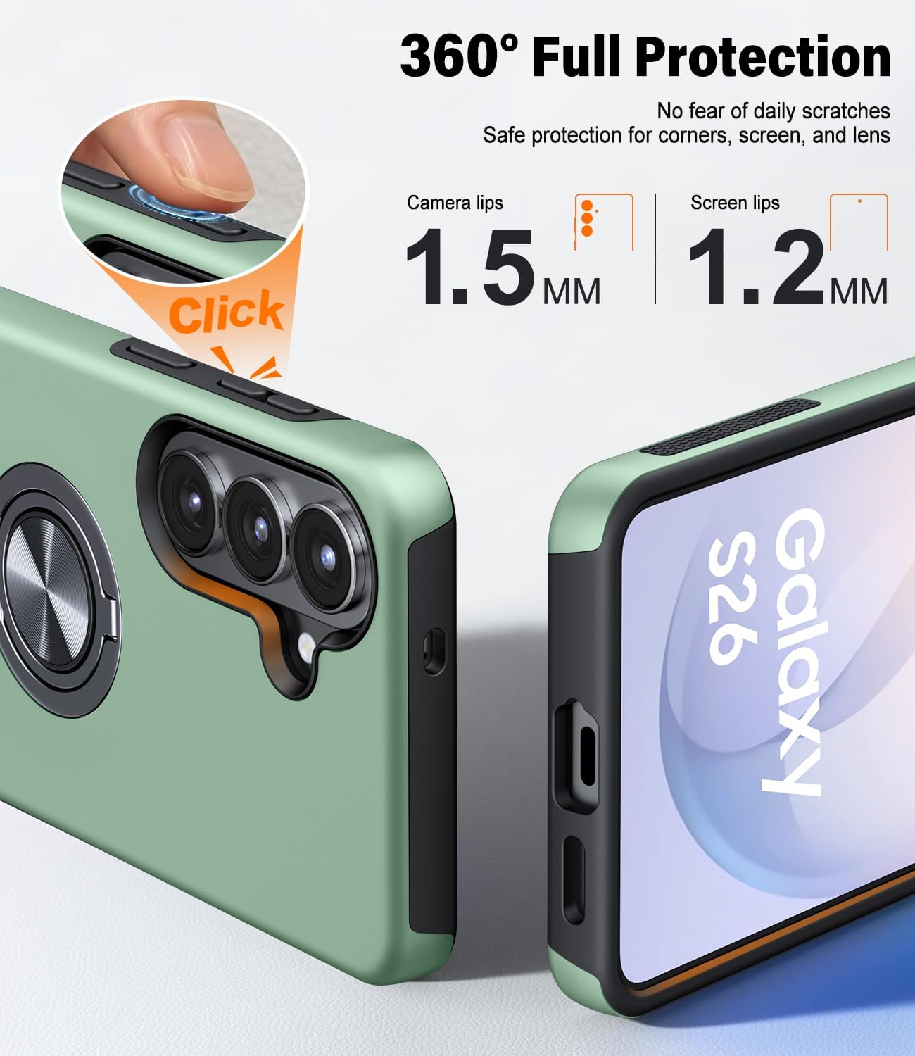 Detalle 2 de AOUIA for Samsung Galaxy S26 Case (Green) with 2-Pack Screen Protectors and 360° Rotating Ring Stand