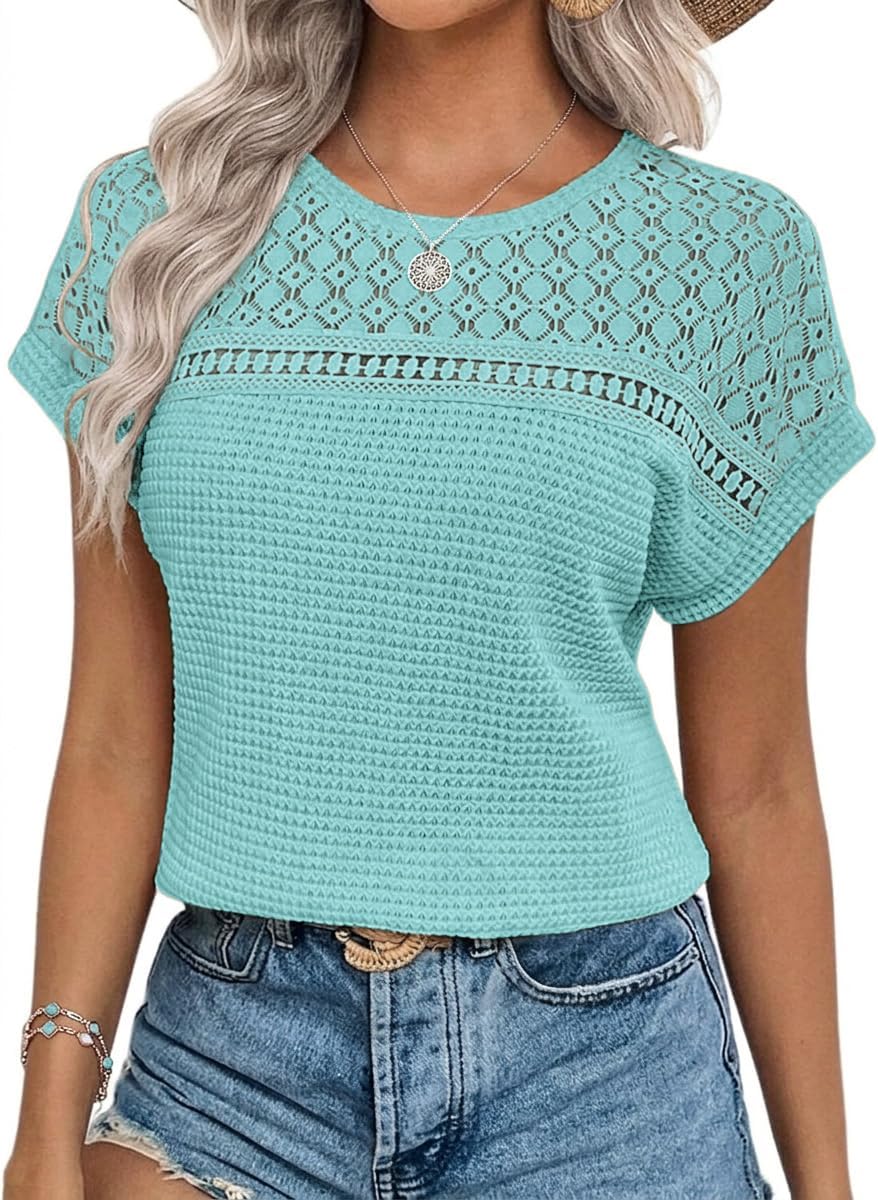 Detalle de Chicrise Damen Bluse Elegant Kurzarm Spitzenoberteil – Häkel Rundhals Sommer