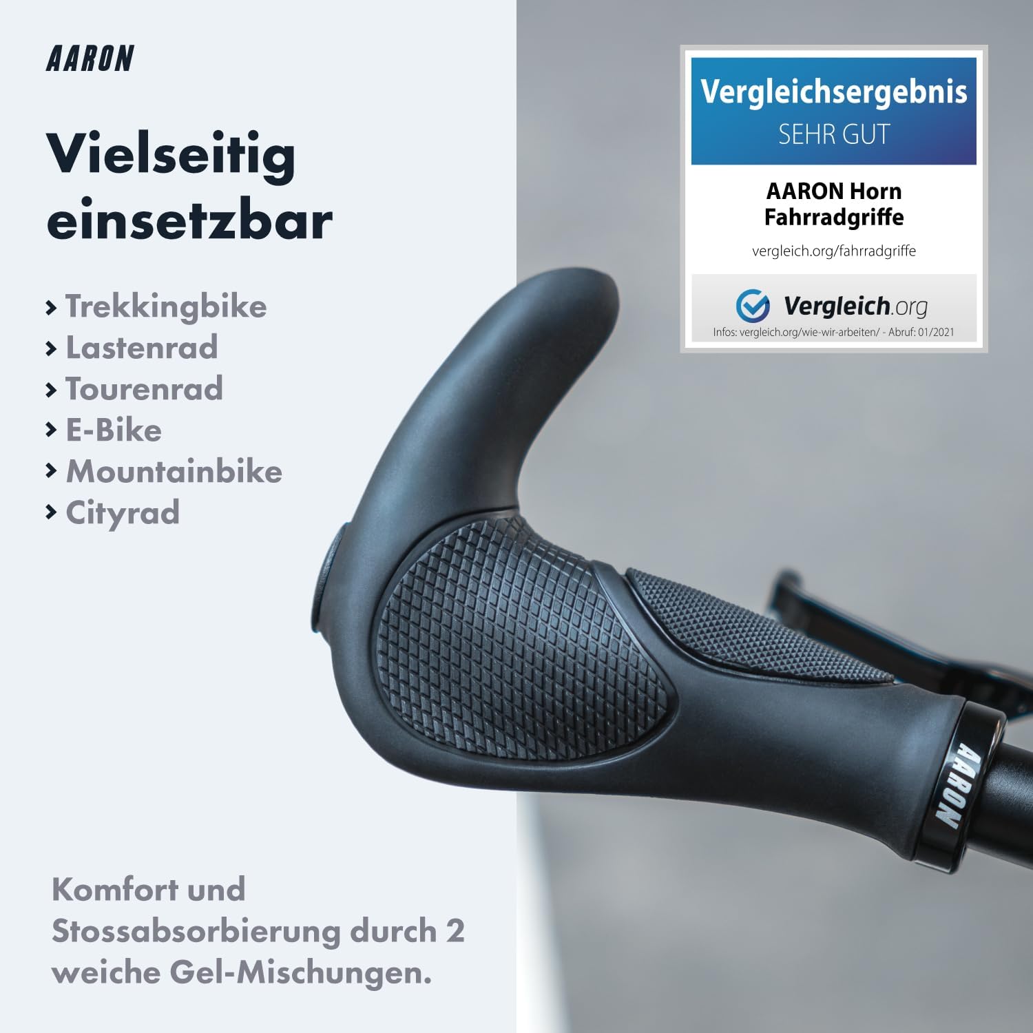 Thumbnail 3 de AARON Horn Lenker Griffe mit Gel-Dämpfung (ergonomische Lenkerhörnchen) aus rutschfestem Gummi, schwarz