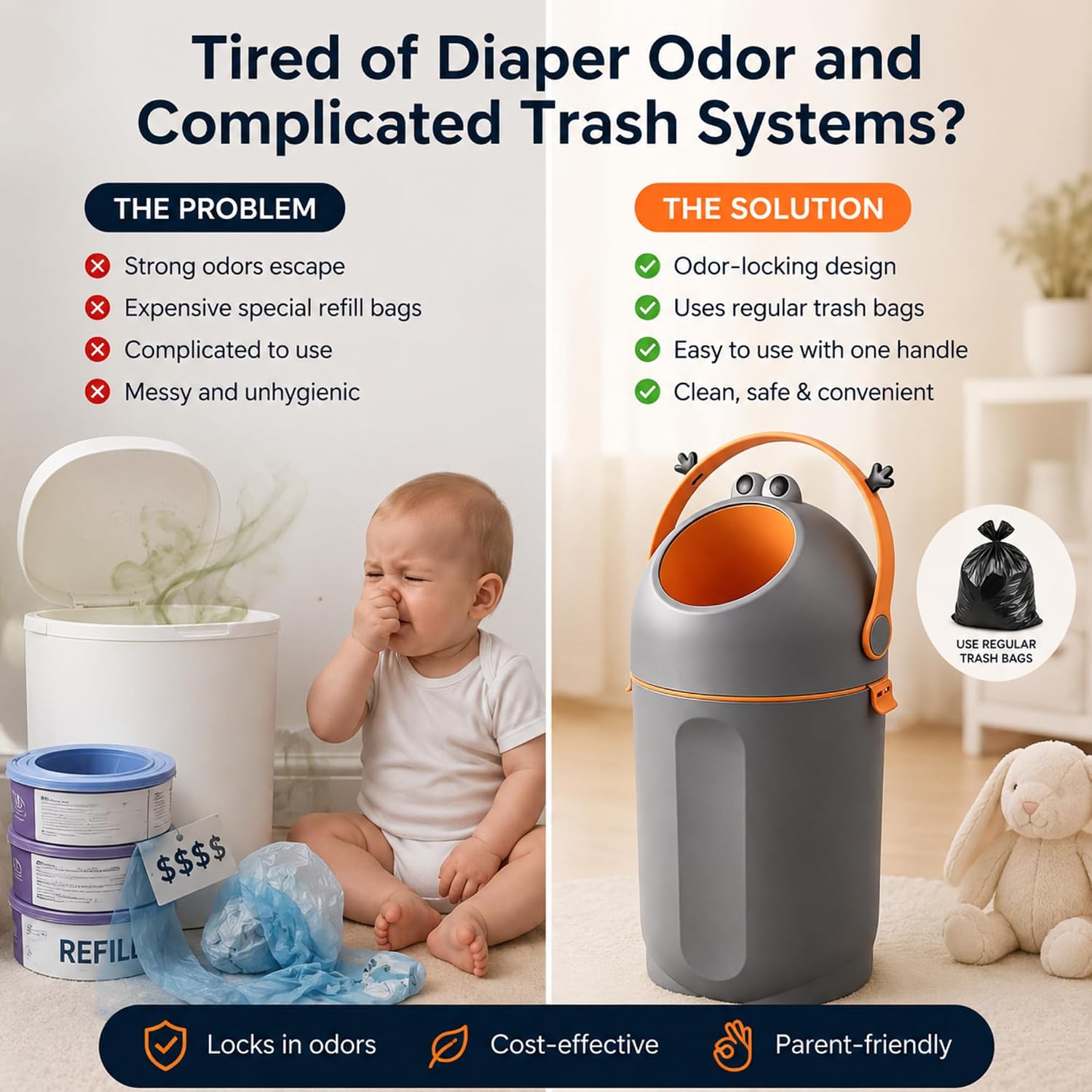 Detalle 2 de PBell FROG Diaper Pail, Dark Grey, 15 L with Airtight Odour Lock