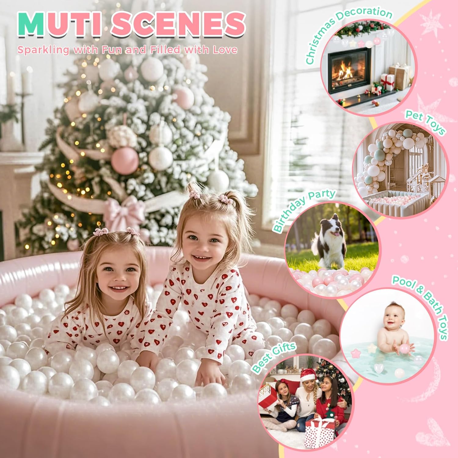 Thumbnail 3 de TRENDPLAY Ball Pit Balls Star and Heart Shapes — 200 Count (2.5" Stars, 2.2" Balls) in Cream Pink Beige Pearl White Clear