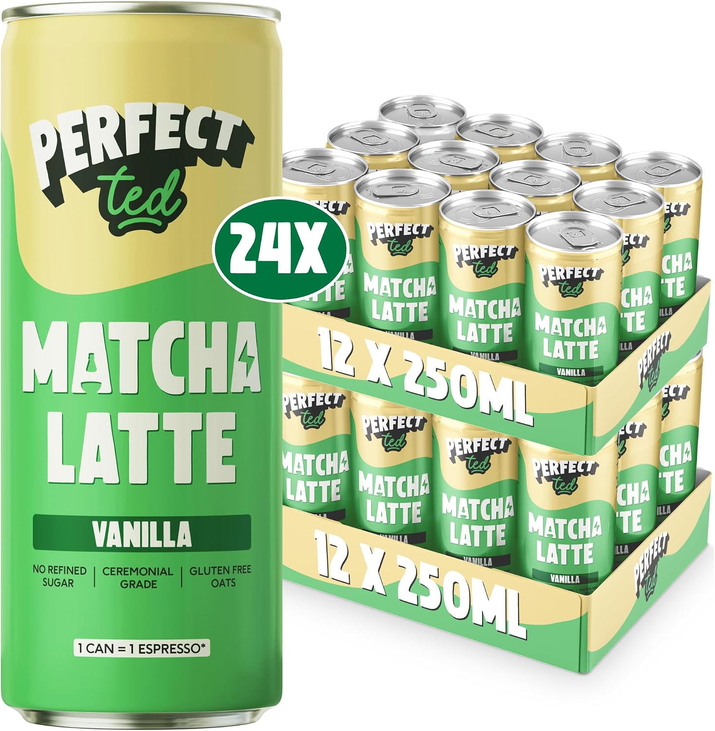 PerfectTed Vanilla Matcha Latte RTD – Ceremonial Grade Matcha, 24 x 250ml, Dairy-Free & Gluten-Free