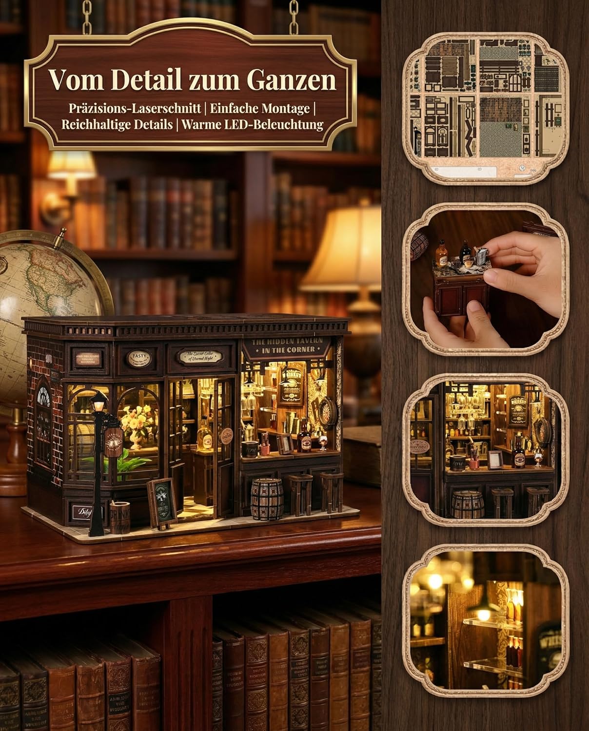 Detalle 2 de Book Nook Kit Taverne – 3D Holzpuzzle mit LED-Licht, DIY Miniatur-Haus & Werkzeug-Set (ab 14)