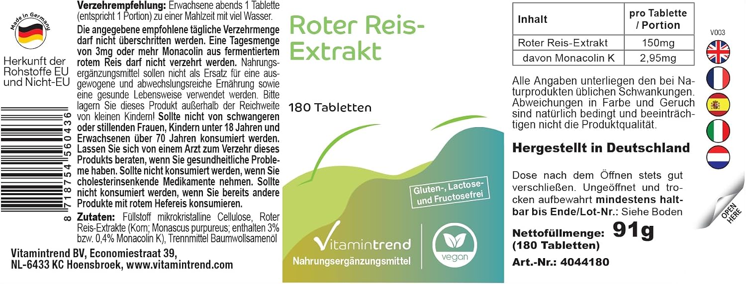 Thumbnail 5 de Vitamintrend Roter Reis Extrakt 150 mg, 180 Tabletten – schluckfreundlich, Monacolin K 2,95 mg pro Tablette, vegan und in Deutschland hergestellt