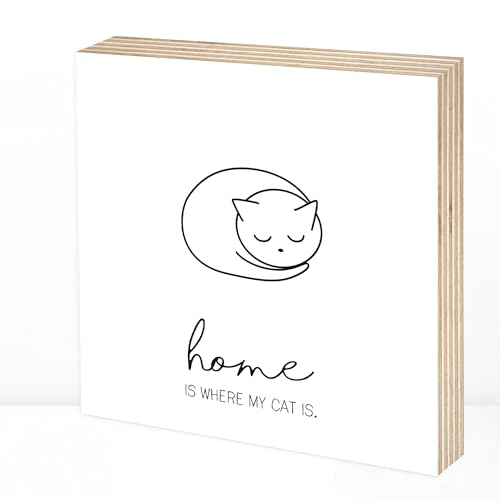 Detalle de Wunderpixel Holzbild Home is where my Cat is – 15x15x2 cm, Birkenholz, schwarz-weiß