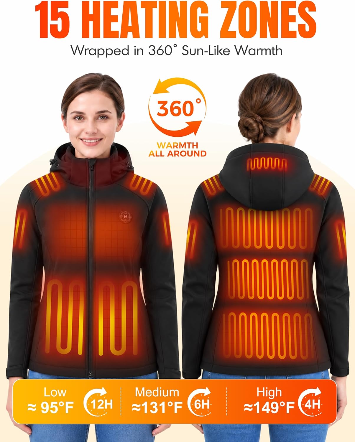 Detalle 2 de HOOHEAT Women's Heated Jacket with 15 Heating Zones and 16,000mAh Battery