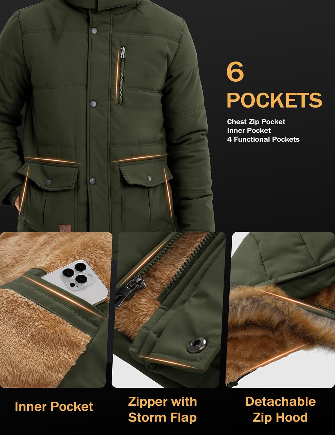 Detalle 2 de MAGCOMSEN Men's Winter Jacket with Removable Hood, Windproof, Water-Repellent