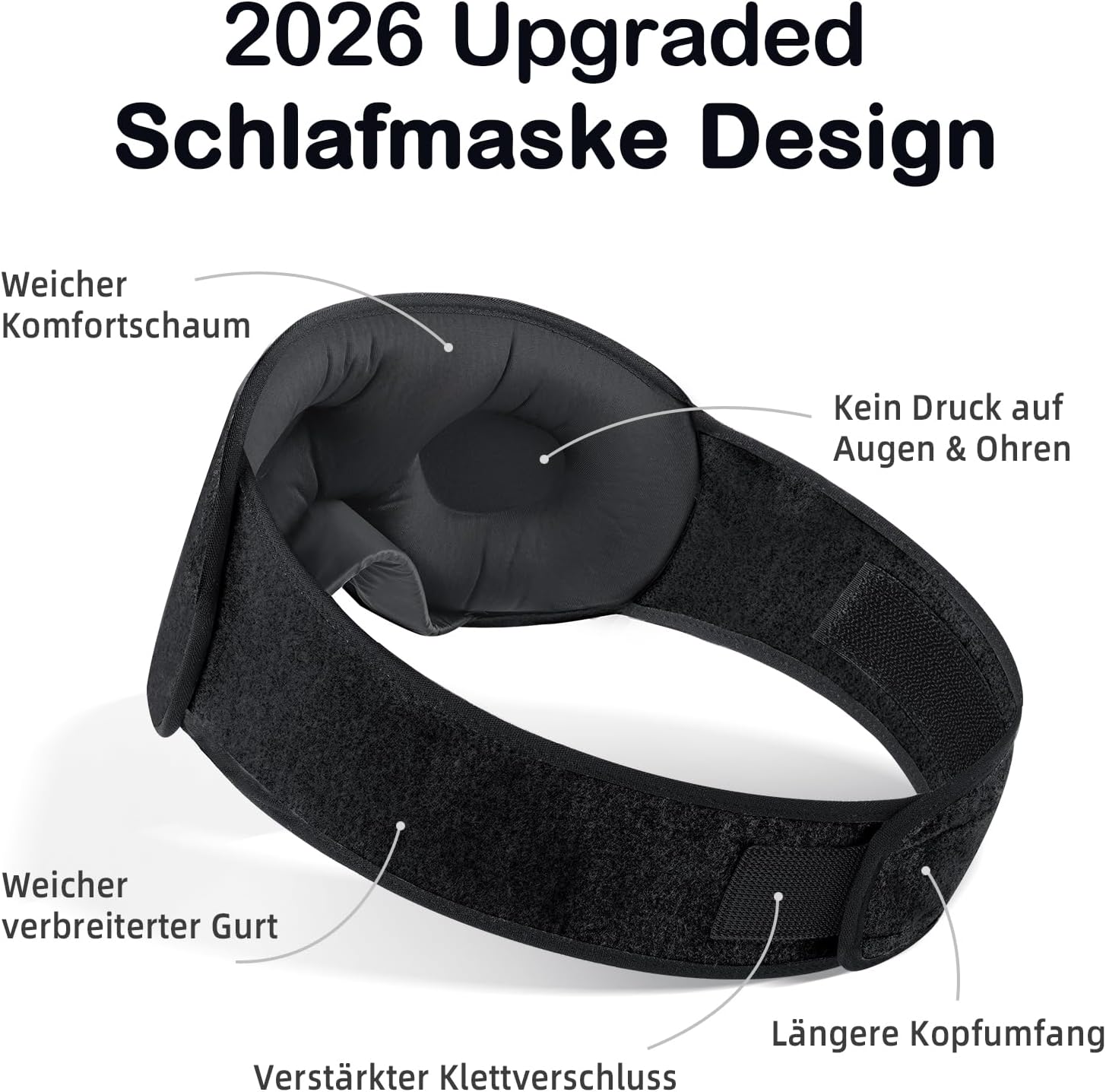 Detalle 2 de INNELO Schlafmaske für Seitenschläfer (3D lichtblockierend) mit Gehörschutz – ultraweich, mit Klettverschluss, Schwarz