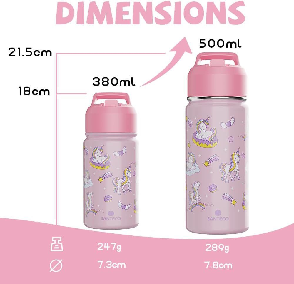 Thumbnail 4 de SANTECO Kinder-Trinkflasche aus Edelstahl 500 ml mit Strohhalm – BPA-frei, auslaufsicher & isolierend