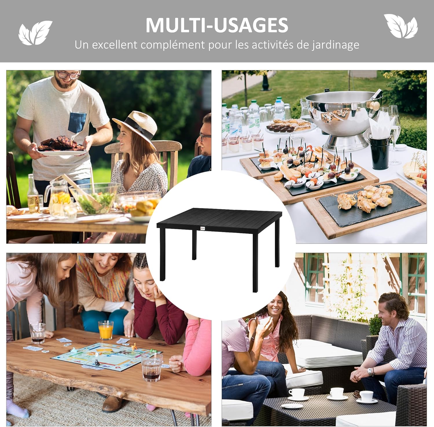 Detalle de Outsunny Table à Manger de Jardin pour 6 Personnes — Table extérieure en Aluminium, 140 × 90 × 74 cm, Noir