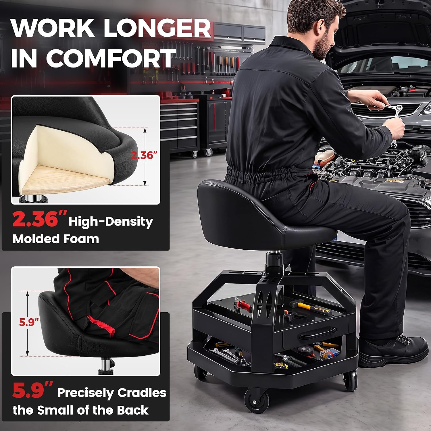 Detalle de Rolling Mechanic Stool with Drawer, 330 lb Capacity
