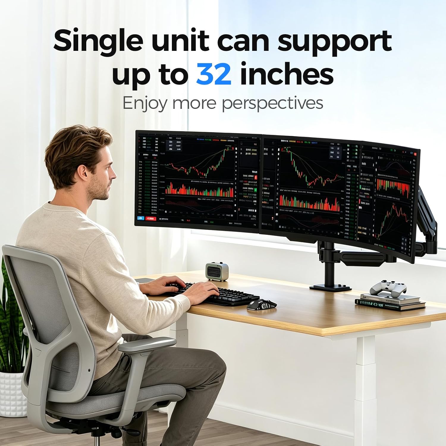 Detalle 2 de suptek MD8003 triple monitorarm met gasveren voor schermen van 17 tot 32 inch
