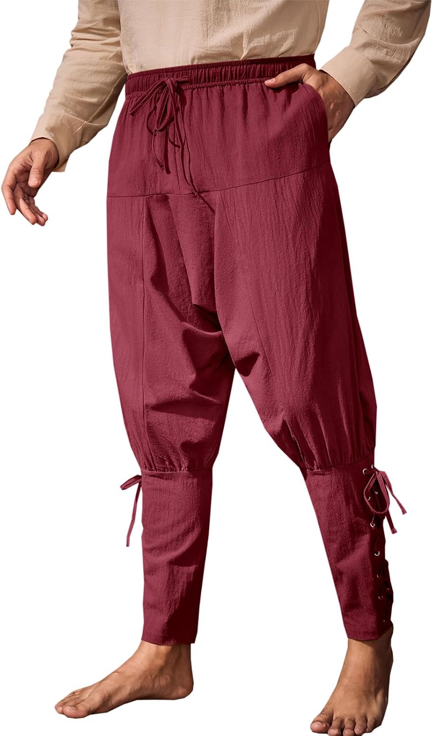 Detalle de Runcati G6R963 Men’s Medieval Costume Pants, Cotton with Lace-Up Cuffs