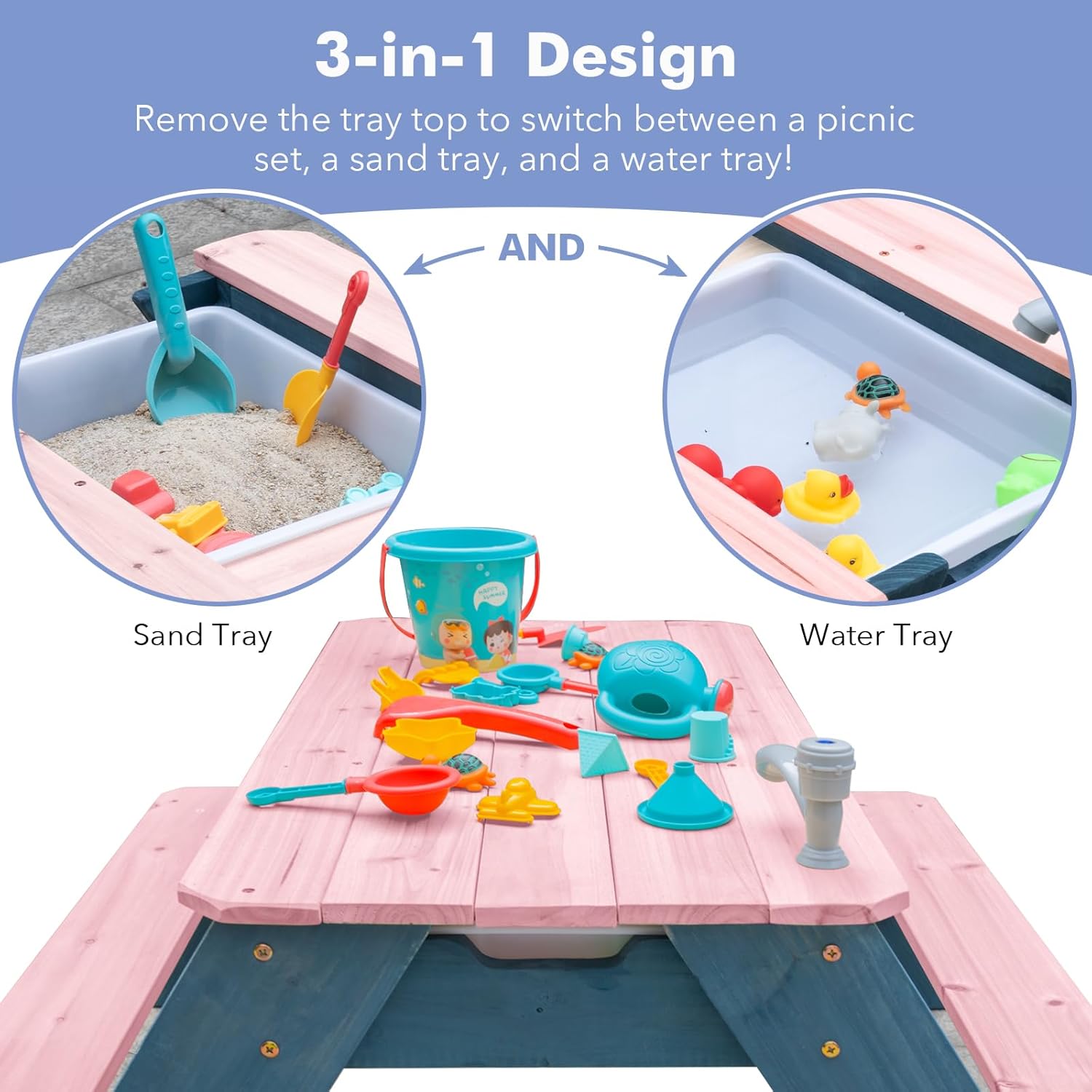 Detalle 2 de K LUCKIDS 3-in-1 Sand & Water Table: Wood Outdoor Picnic Table for Up to 4 Kids