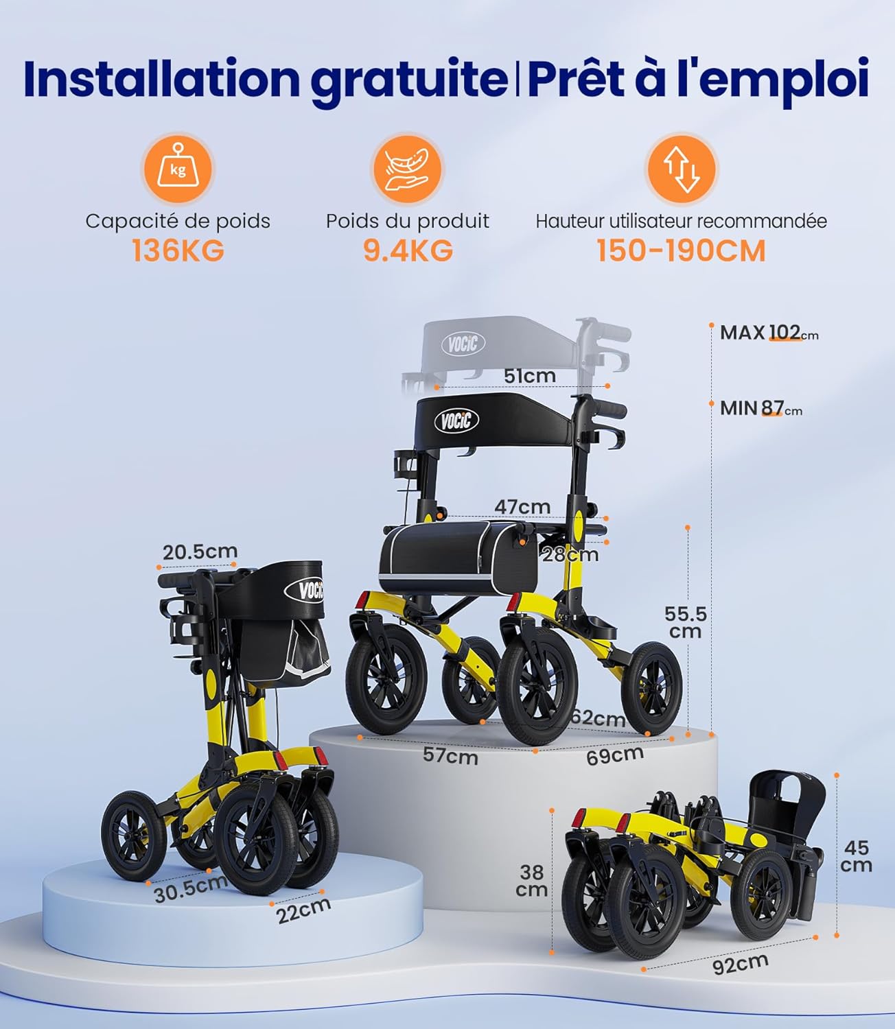 Detalle de VOCIC Déambulateur 4 roues pliable léger avec siège et panier – aluminium ajustable, jaune