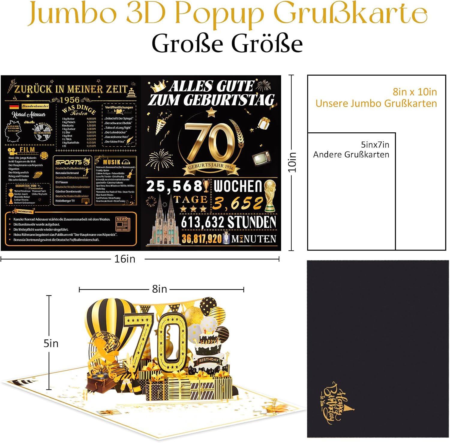 Detalle de OLOSONG Geburtstagskarte 70 – 3D Pop-up Klappkarte mit Umschlag, goldener Deko „70“
