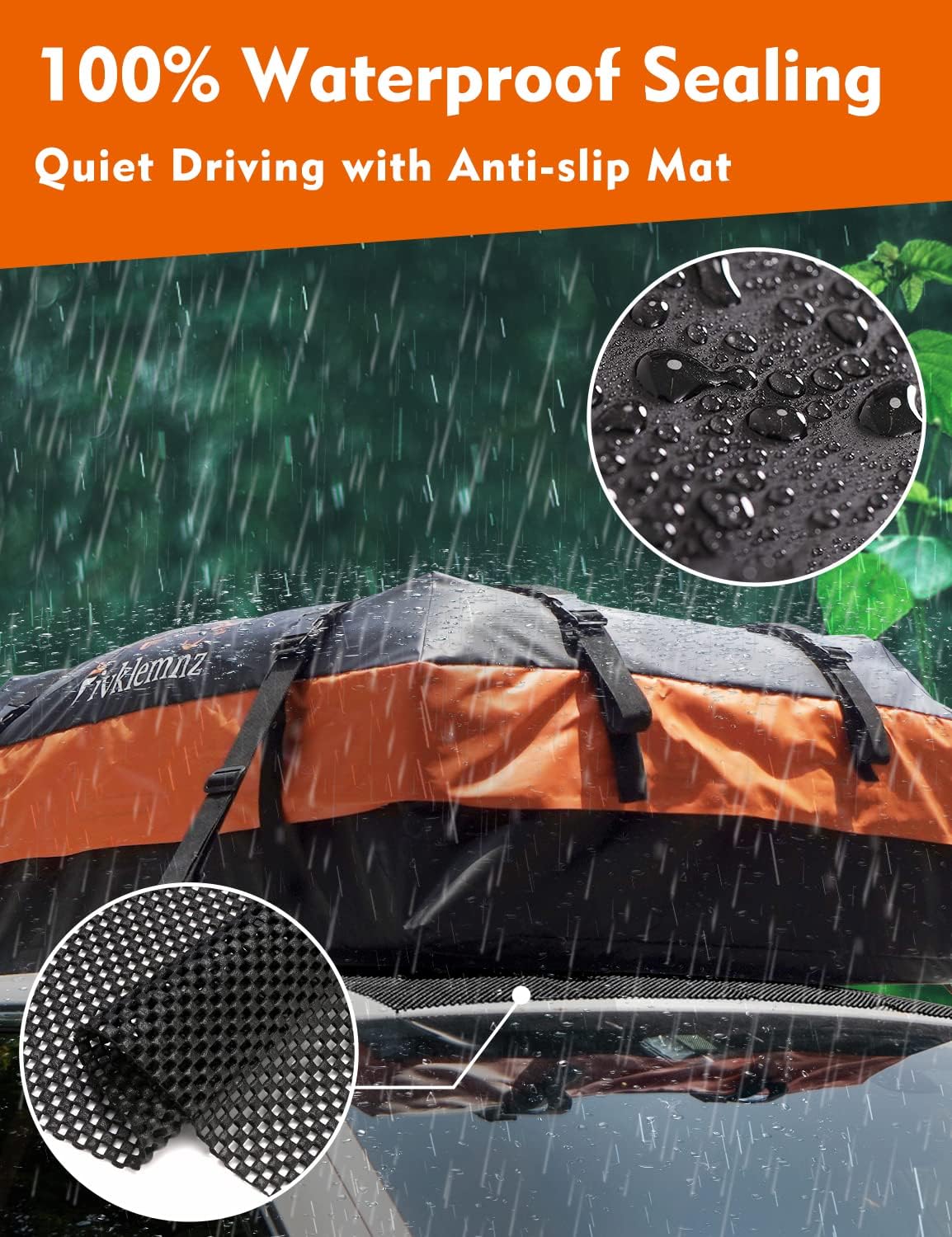 Detalle 2 de FIVKLEMNZ Car Rooftop Cargo Carrier Roof Bag (Waterproof) with Anti-Slip Mat, Reinforced Straps, Door Hooks & Luggage Lock
