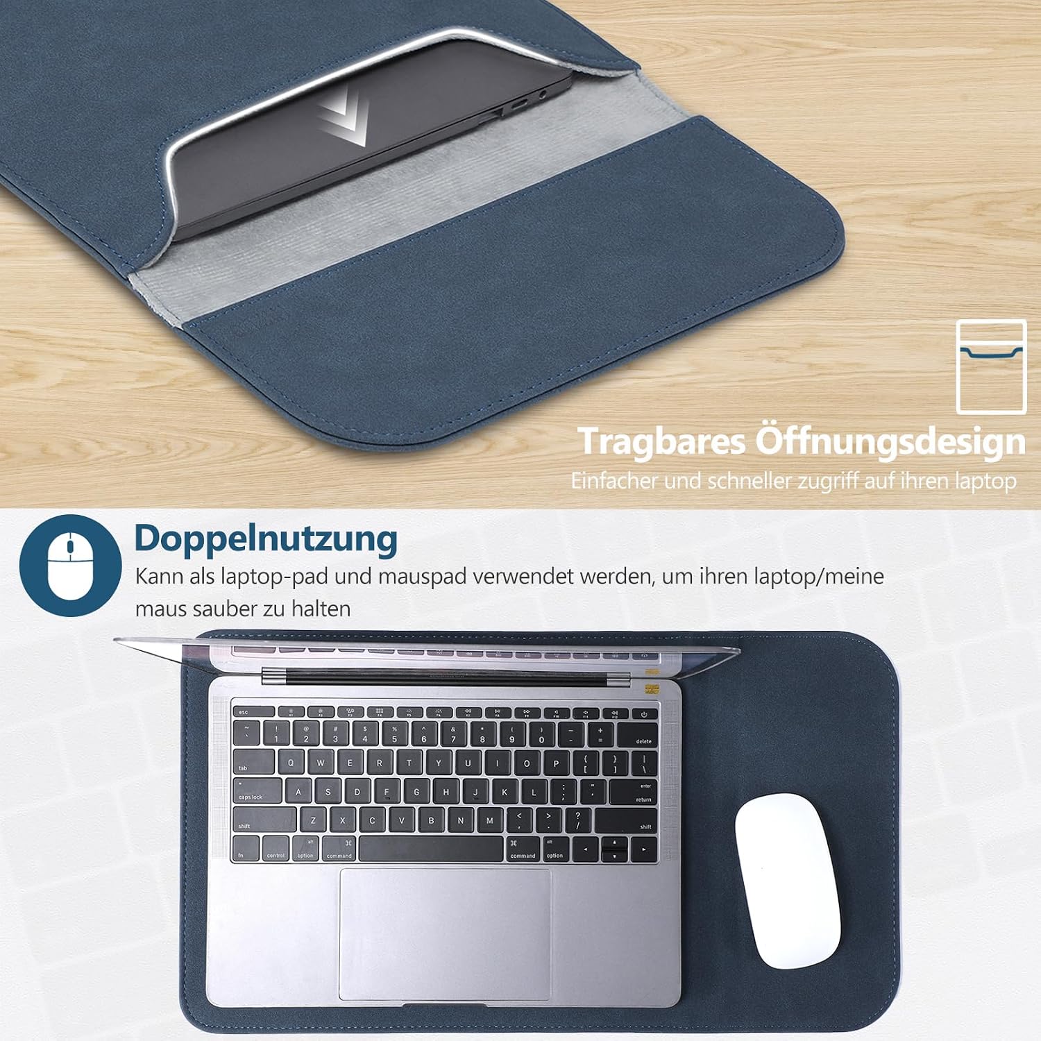Detalle de HYZUO Laptop Hülle für 15–16 Zoll (Kunstleder, Navy Blau) – passend u. a. für MacBook Pro 16/A3428/A3429/A3403/A3186