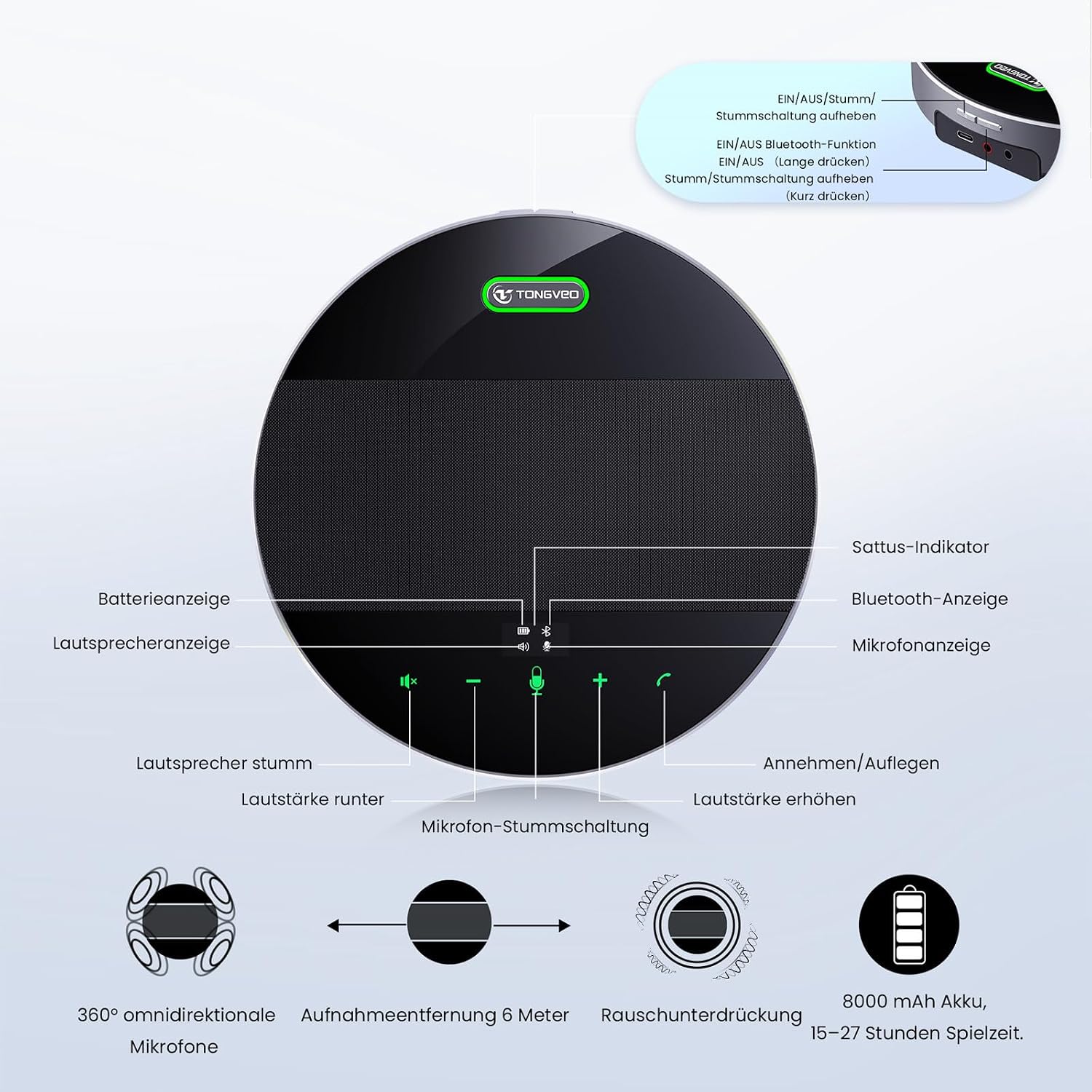 Detalle de TONGVEO KI-Autotracking Konferenzraum-Kamera-System mit Bluetooth-Freisprechmikrofon, 1080p/60 fps und 3x optischem Zoom