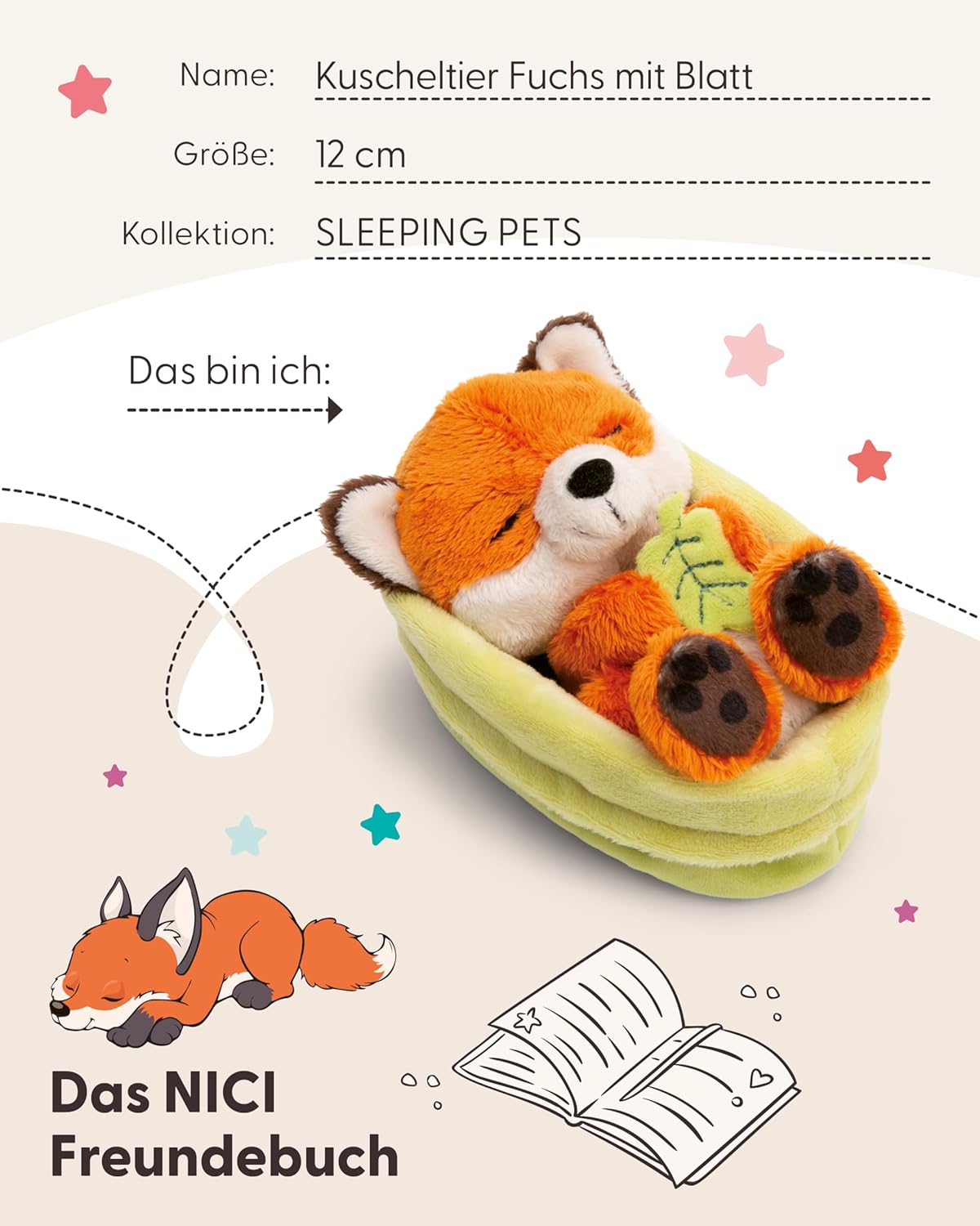 Detalle de NICI Kuscheltier Fuchs mit Blatt – 12 cm, schlafend im Körbchen, orange