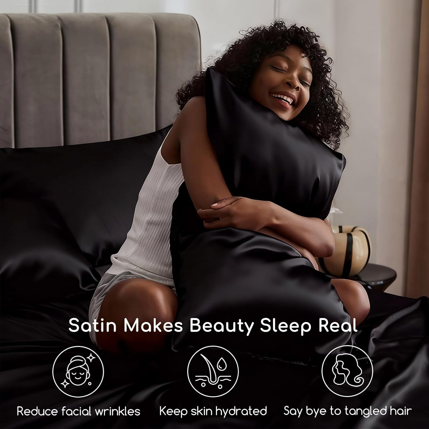 Thumbnail 2 de MR&HM Satin Bed Sheets Queen Size Set (4-Piece) with 15-Inch Deep Pocket, Black