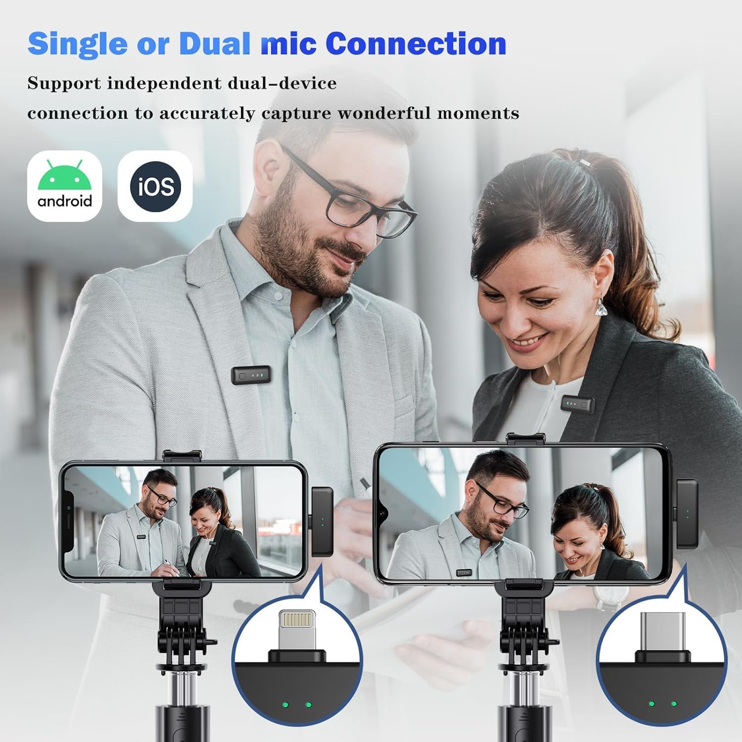 Detalle de voijump DT622 Wireless Lavalier Microphone with Lightning, USB-C and 70 ft Range