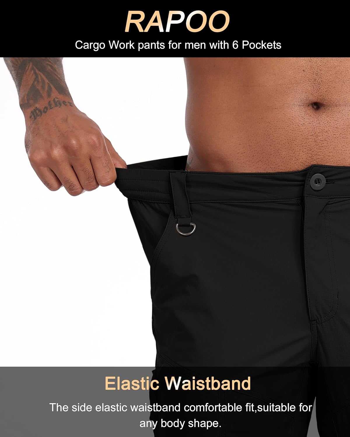 Detalle de Rapoo Men's Hiking Pants: Lightweight, Water-Resistant Nylon Cargo Pants with 6 Pockets