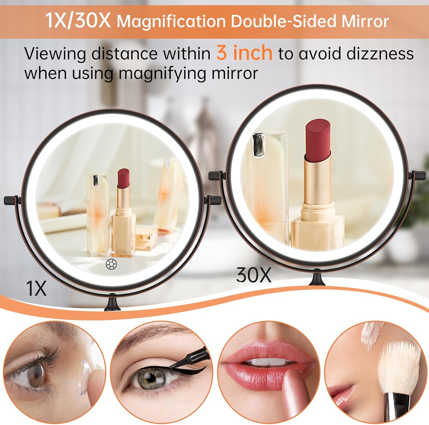 Detalle de 5000mAh Rechargeable Wall Mounted Lighted Makeup Vanity Mirror with 1X/30X Magnification in Antique Bronze