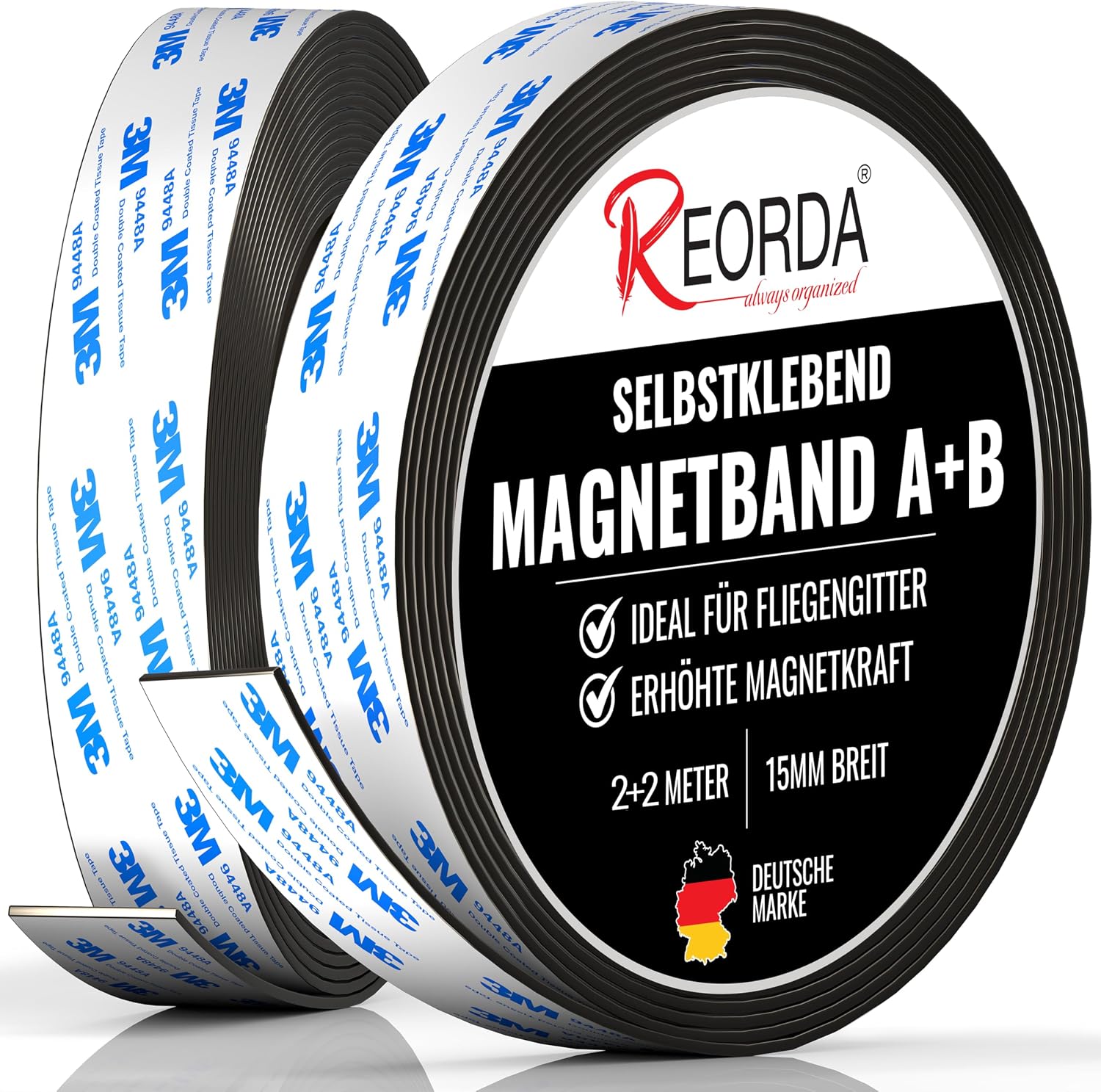 REORDA Magnetband A B – EXTRA STARKER 3M Kleber, 2 Meter Selbstklebend für Fliegengitter und Moskitonetze