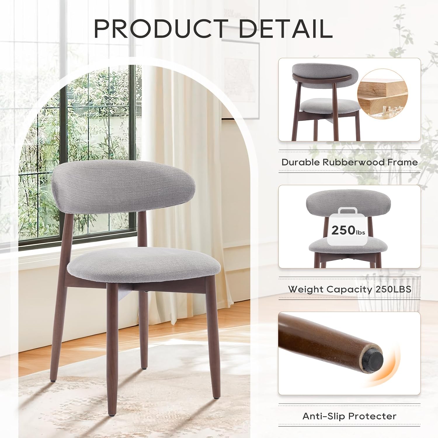 Detalle de COLAMY D6270US Wooden Dining Chairs, Light Grey Fabric, Set of 2