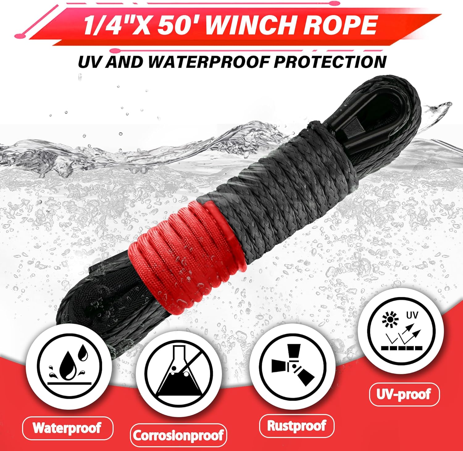 Thumbnail 1 de TYT Off-Road Winch Rope Kit (1/4 in x 50 ft) Synthetic Cable, 10,000 lb w/ Protective Sheath, Hook, Safety Strap & Stopper (JPS1450IG)