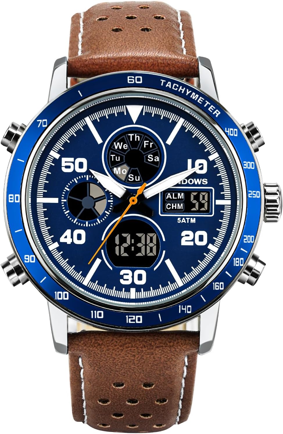 Detalle 2 de PINDOWS Herrenuhren – Multifunktionale Lederuhr mit Dualzeit, 30 m Wasserdicht