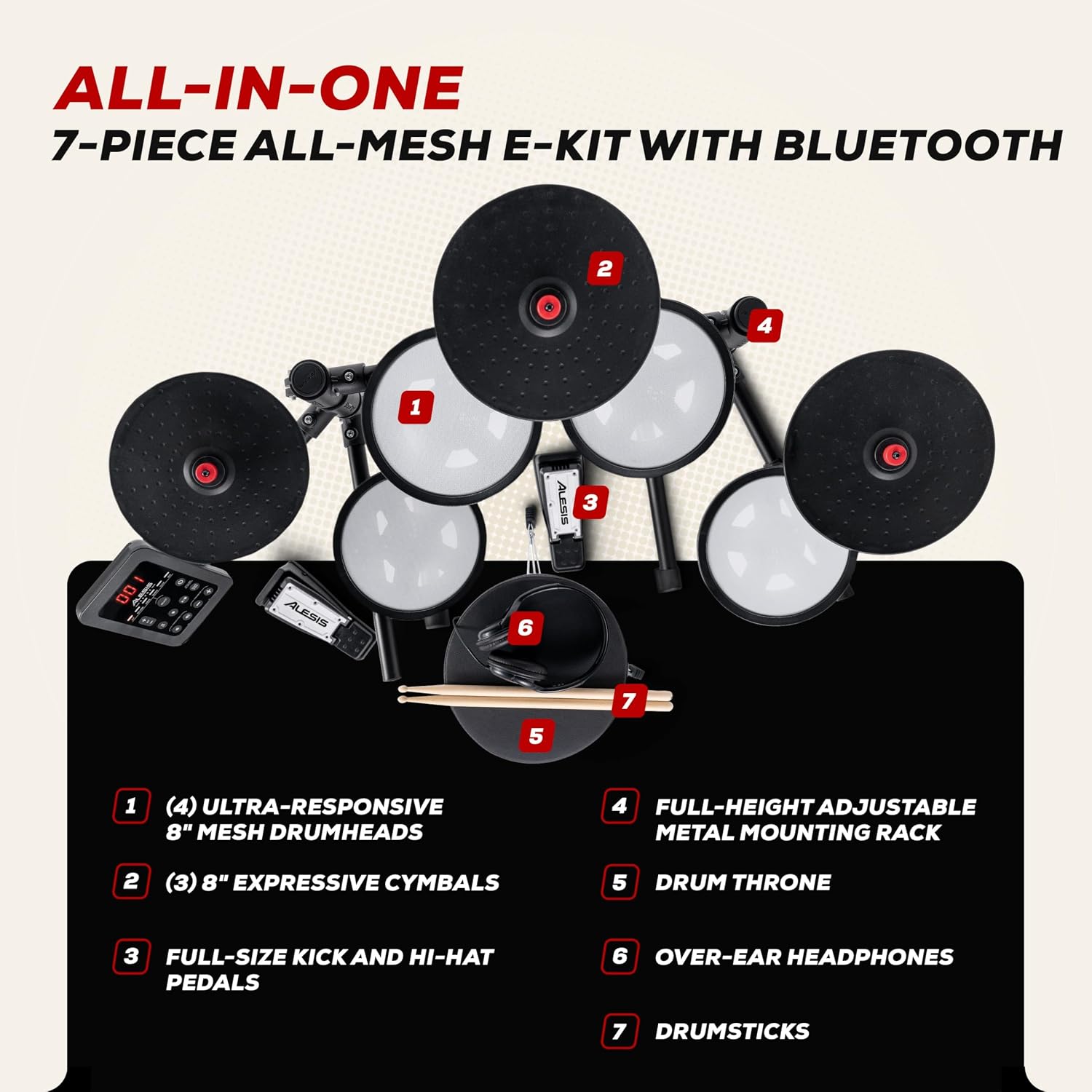 Detalle 2 de Alesis Turbo Max Electronic Drum Set with 8-Inch Mesh Pads, Bluetooth, Foldable Rack