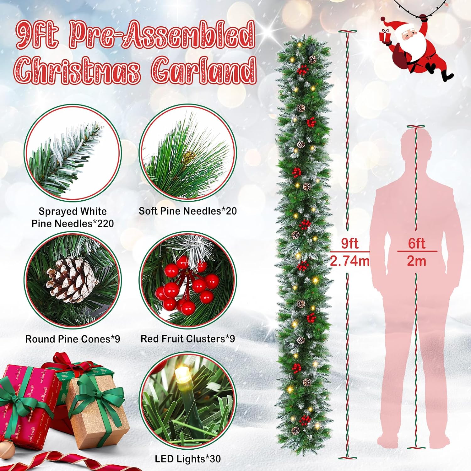 Detalle 2 de Shearly E-96 Pre-Lit Christmas Garland, 275 cm, Pine Cones and Warm White LEDs