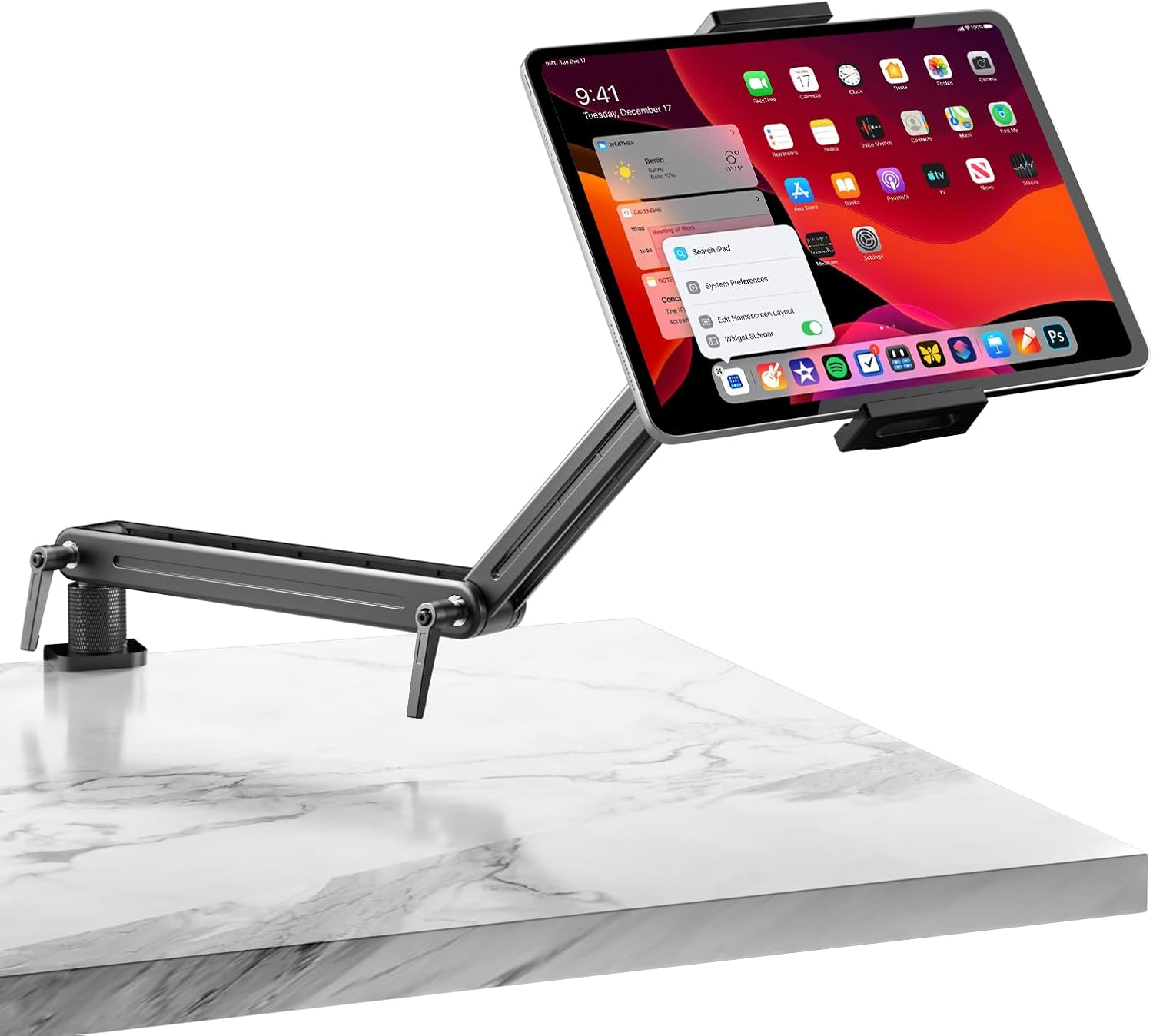 Detalle de Feising Aluminium Tablet-Halterung mit Schwenkarm (360°) für iPad & Galaxy – bis 15,6 Zoll