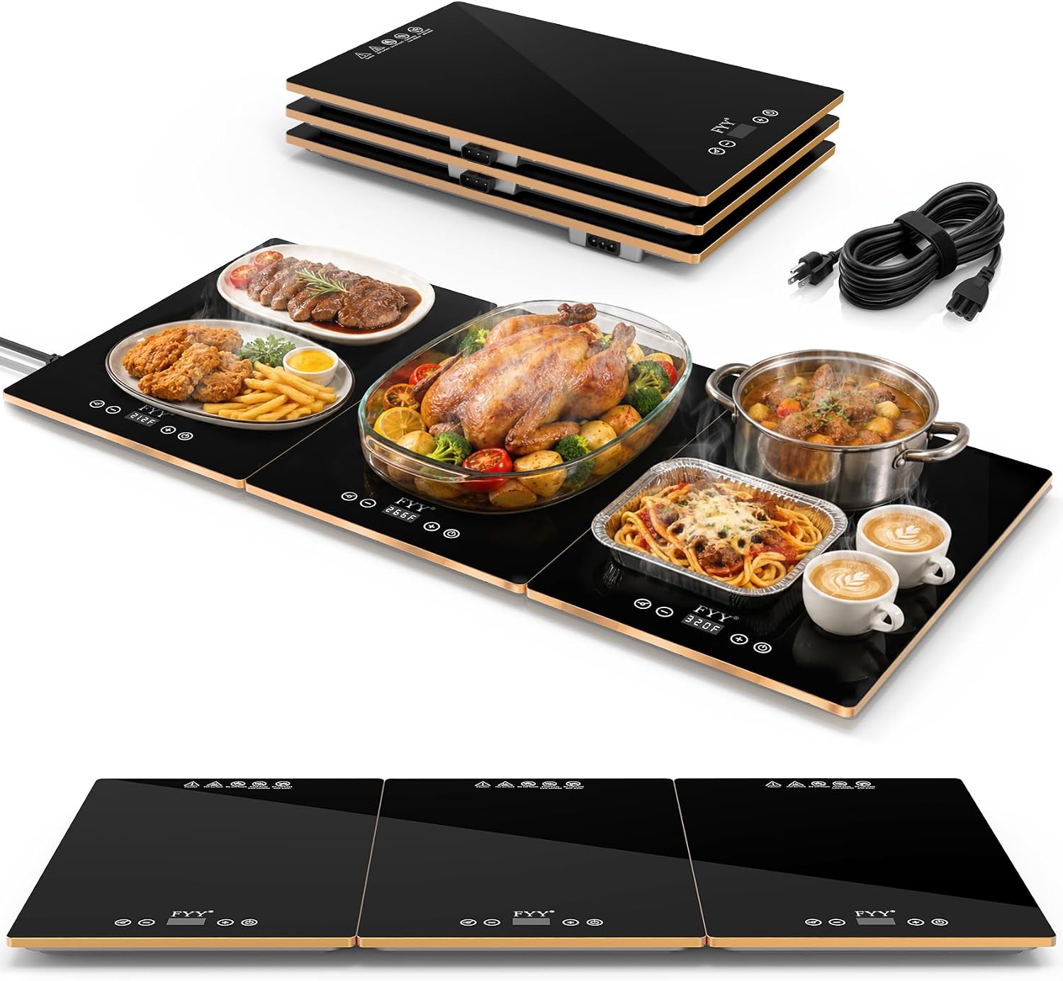 Detalle de FYY 3-Panel Electric Warming Tray with Tempered Glass, 13 Heat Levels and Timer