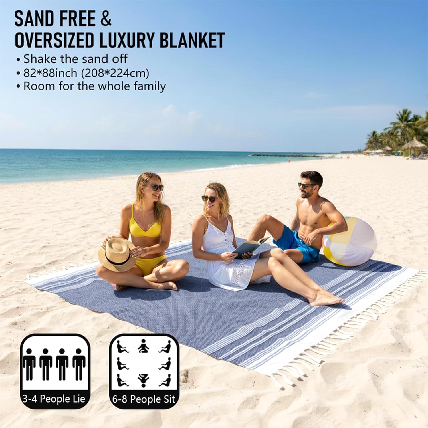 Detalle 2 de Yongoes Oversized Turkish Beach Towel Blanket (82 x 88 in) Cotton-Poly Blend Sandproof Throw for Adults