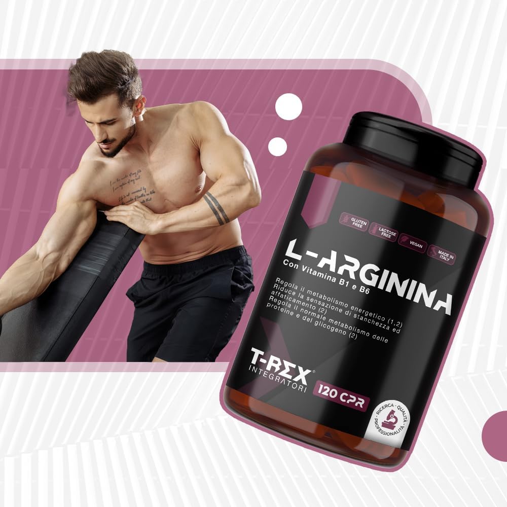 Thumbnail 4 de T-Rex Integratori L-Arginina 1000 mg con Vitamina B1 e B6 – 120 compresse HCL, Vegan, Made in Italy
