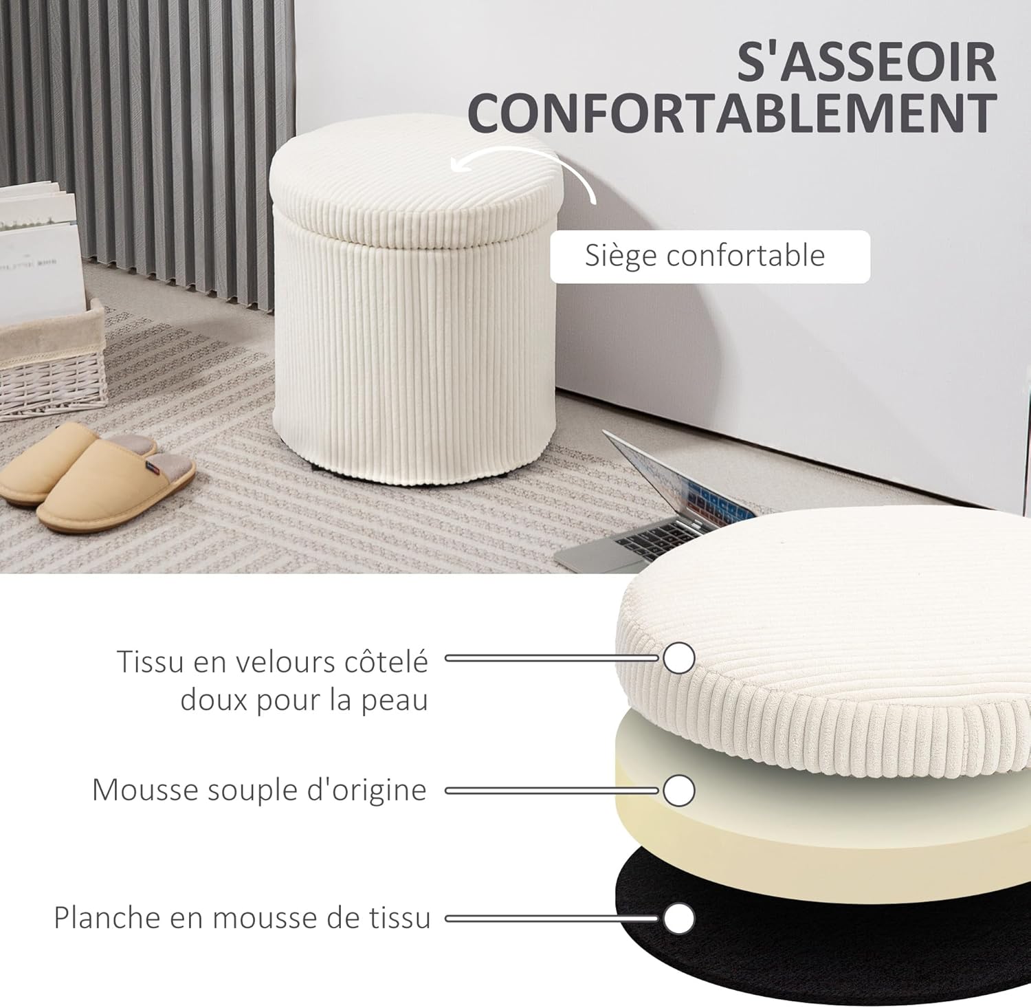 Detalle de HOMCOM Pouf de rangement 32 L en velours côtelé avec couvercle et pieds en acier (jusqu’à 120 kg), beige