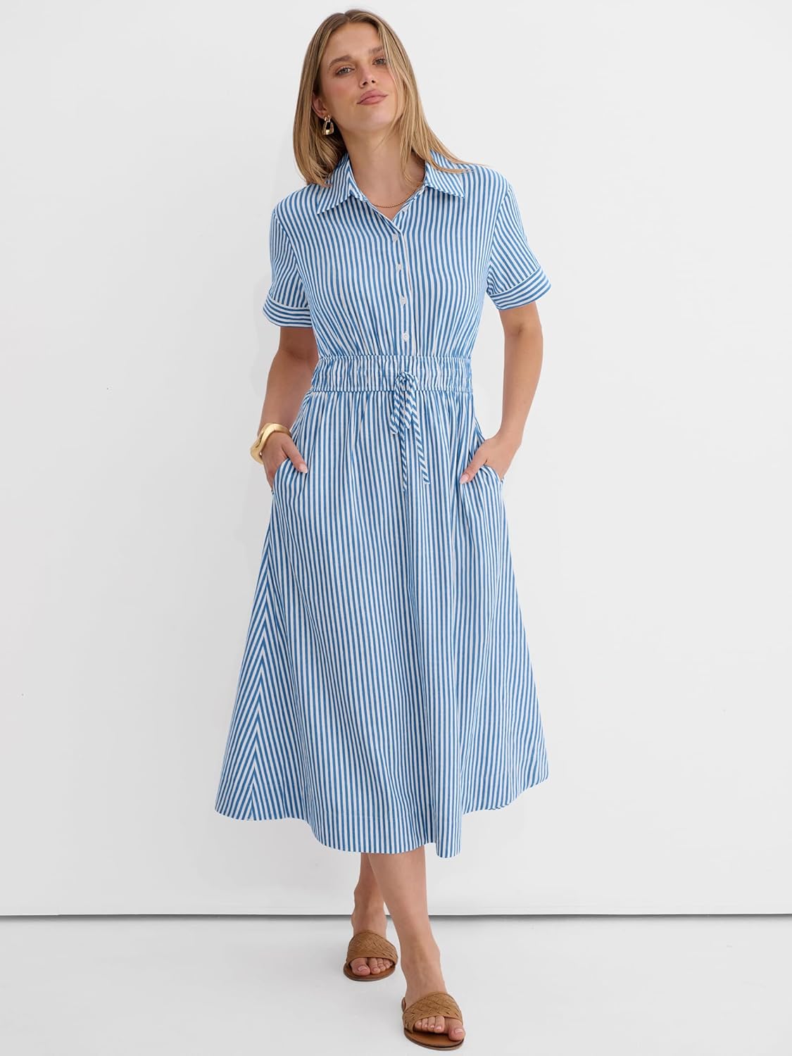 Detalle de ANRABESS Womens Summer Midi Dress with Striped Gingham and Button Collar