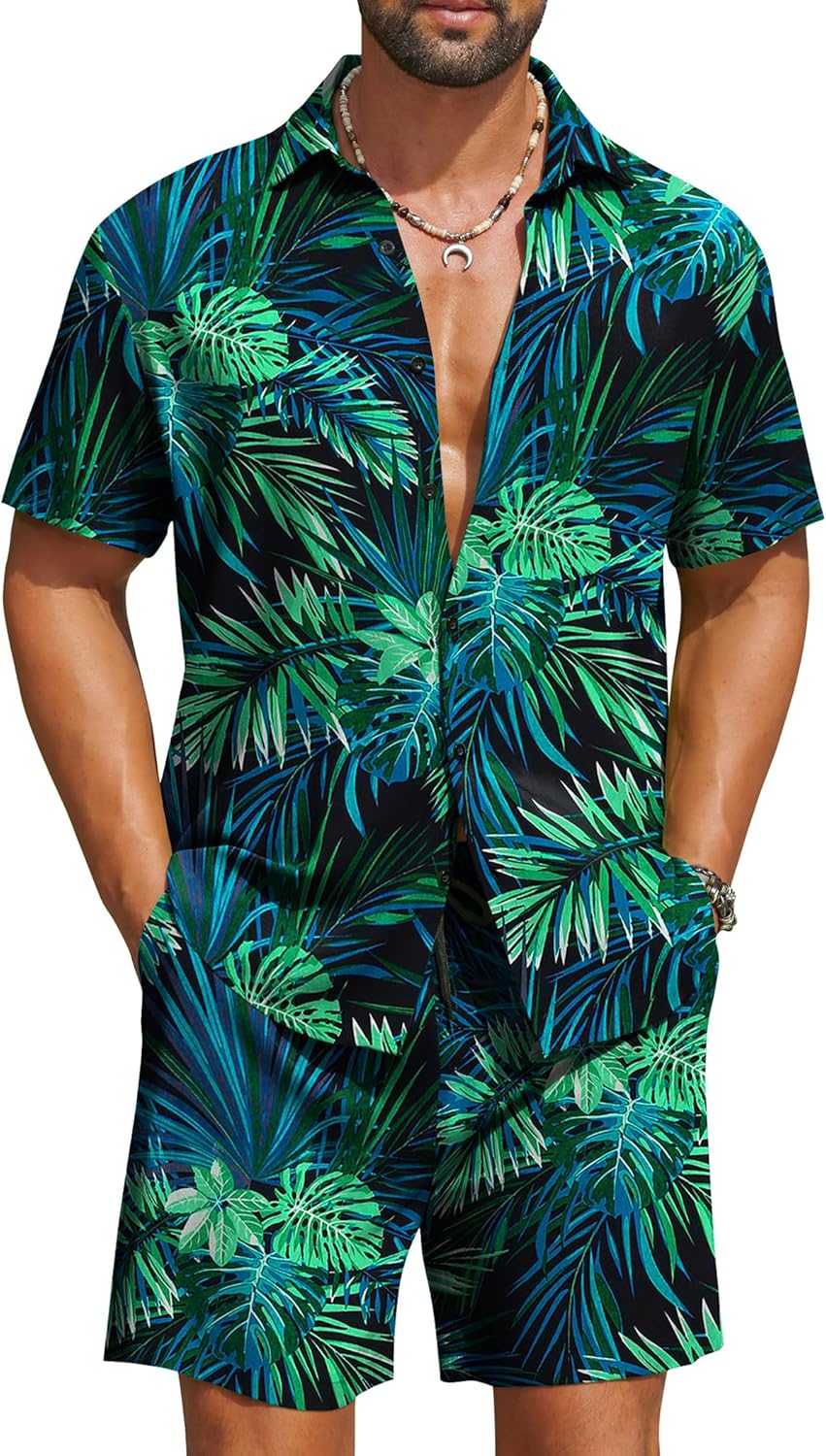Thumbnail 6 de COOFANDY Men's Hawaiian Matching 2-Piece Set: Floral Shirt + Shorts for Summer Beach Vibes