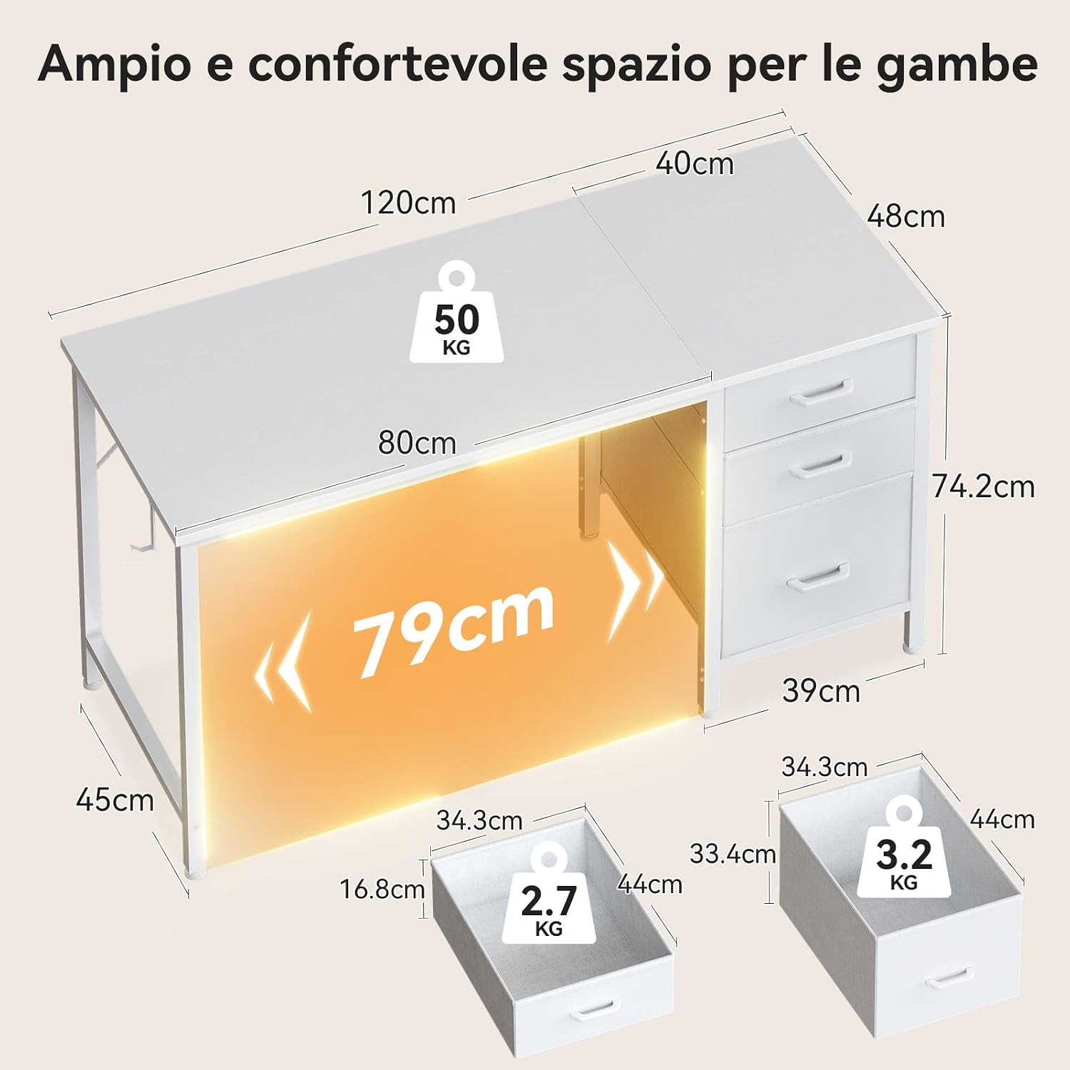 Thumbnail 2 de Coleshome Scrivania con 3 cassetti in tessuto, 120x48 cm – Tavolo reversibile bianco con portacuffie