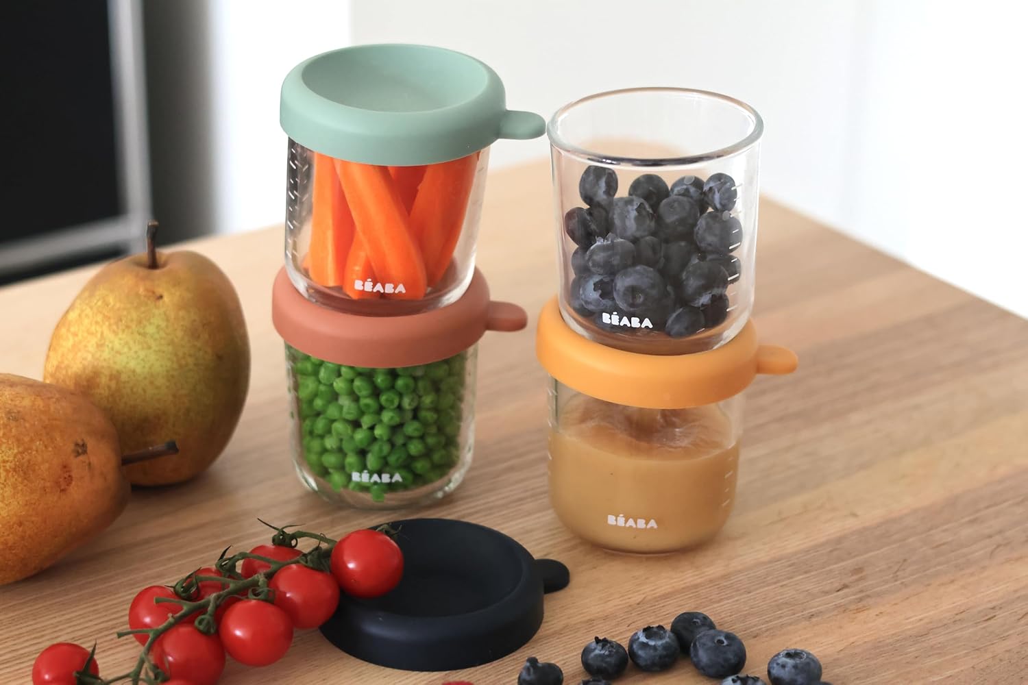 Detalle de BÉABA Set di 4 Contenitori Pappa in Vetro 250 ml Sunrise – pratici, impilabili e sicuri per congelare e riscaldare