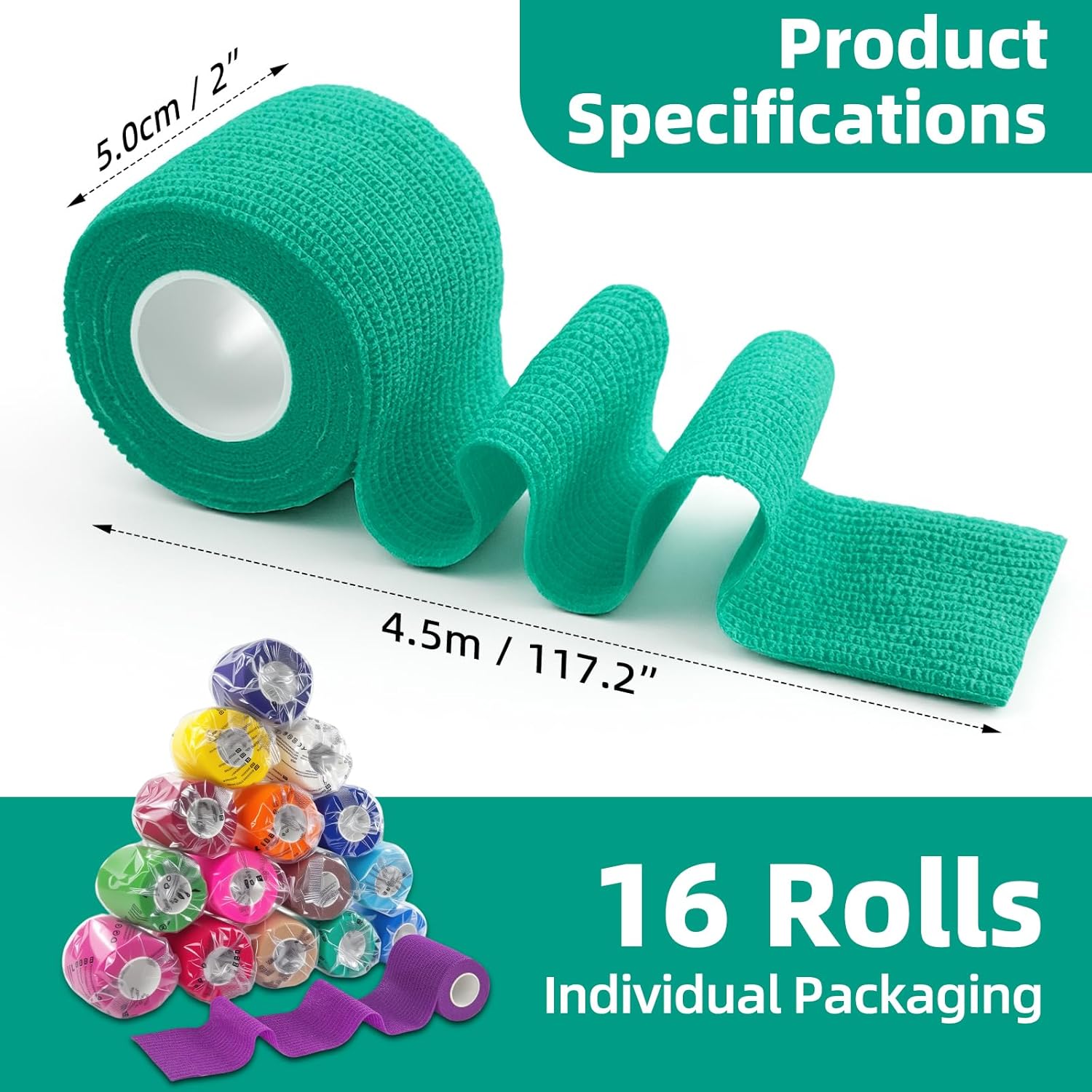 Detalle de HONYAO Self Adhesive Bandage (16 Rolls) 5cm x 4.5m – Cohesive Vet Wrap for Dogs, Cats and Sports First Aid