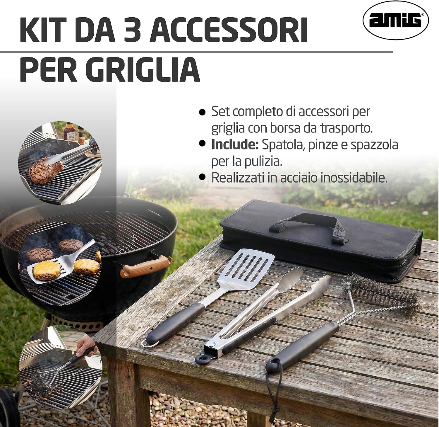 Detalle de Amig Kit 3 Accessori per Barbecue AM02: spatola, pinze e spazzola in acciaio inox con custodia