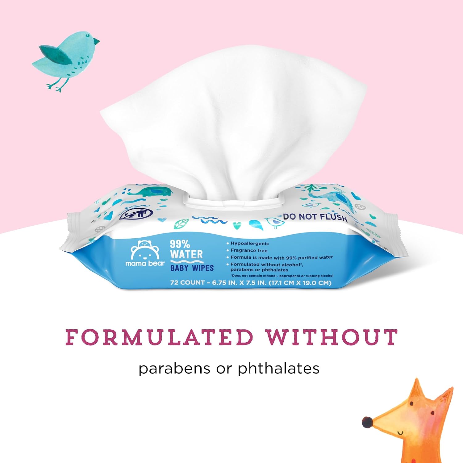 Detalle de Amazon Brand - Mama Bear 99% Water Baby Wipes, Hypoallergenic, Fragrance Free (72 Count, Pack of 6)