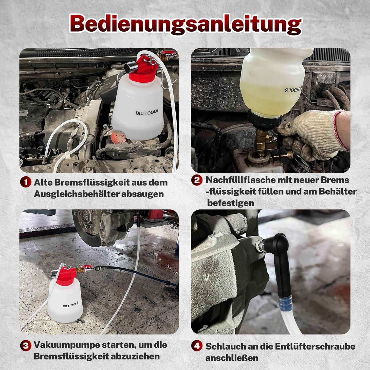 Thumbnail 4 de BILITOOLS 1L Bremsenentlüftungsgerät für Motorrad & KFZ mit Druckluft/Vakuum und 4 Adaptern