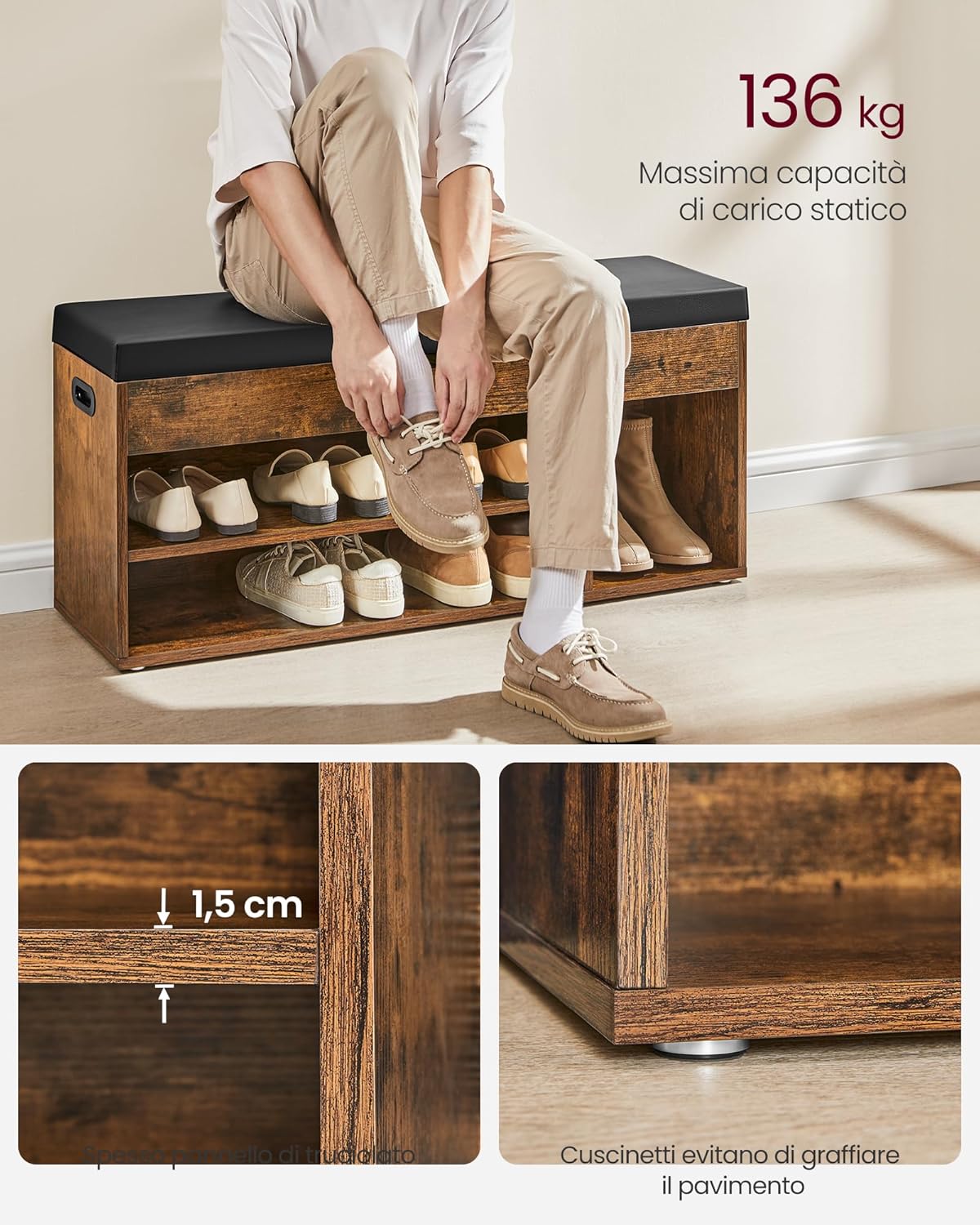 Detalle de VASAGLE LHS130B01 scarpiera con panca e cuscino imbottito, 3 scomparti, stile marrone vintage