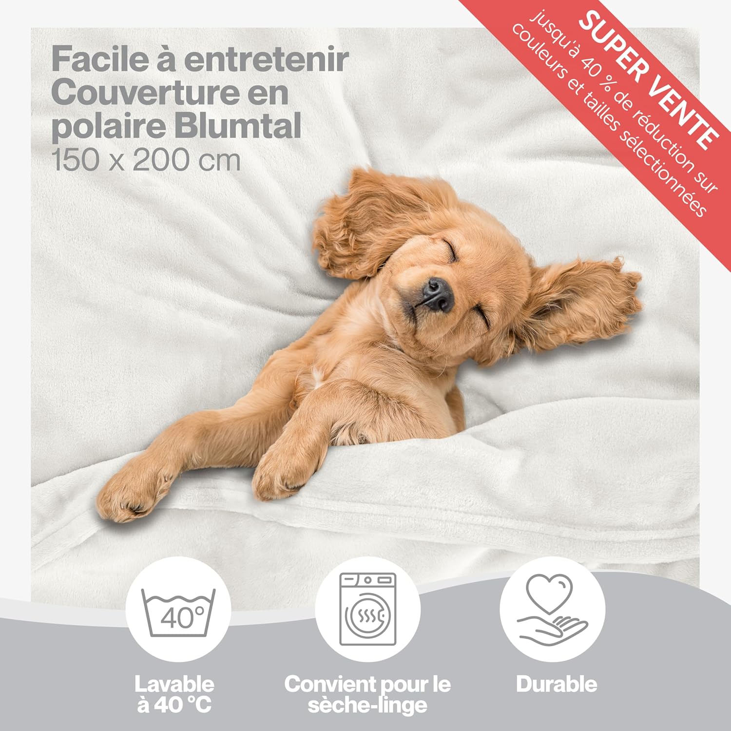 Thumbnail 2 de Blumtal Couverture polaire 150 x 200 cm en microfibre (Oeko-TEX®) pour canapé et lit, blanc