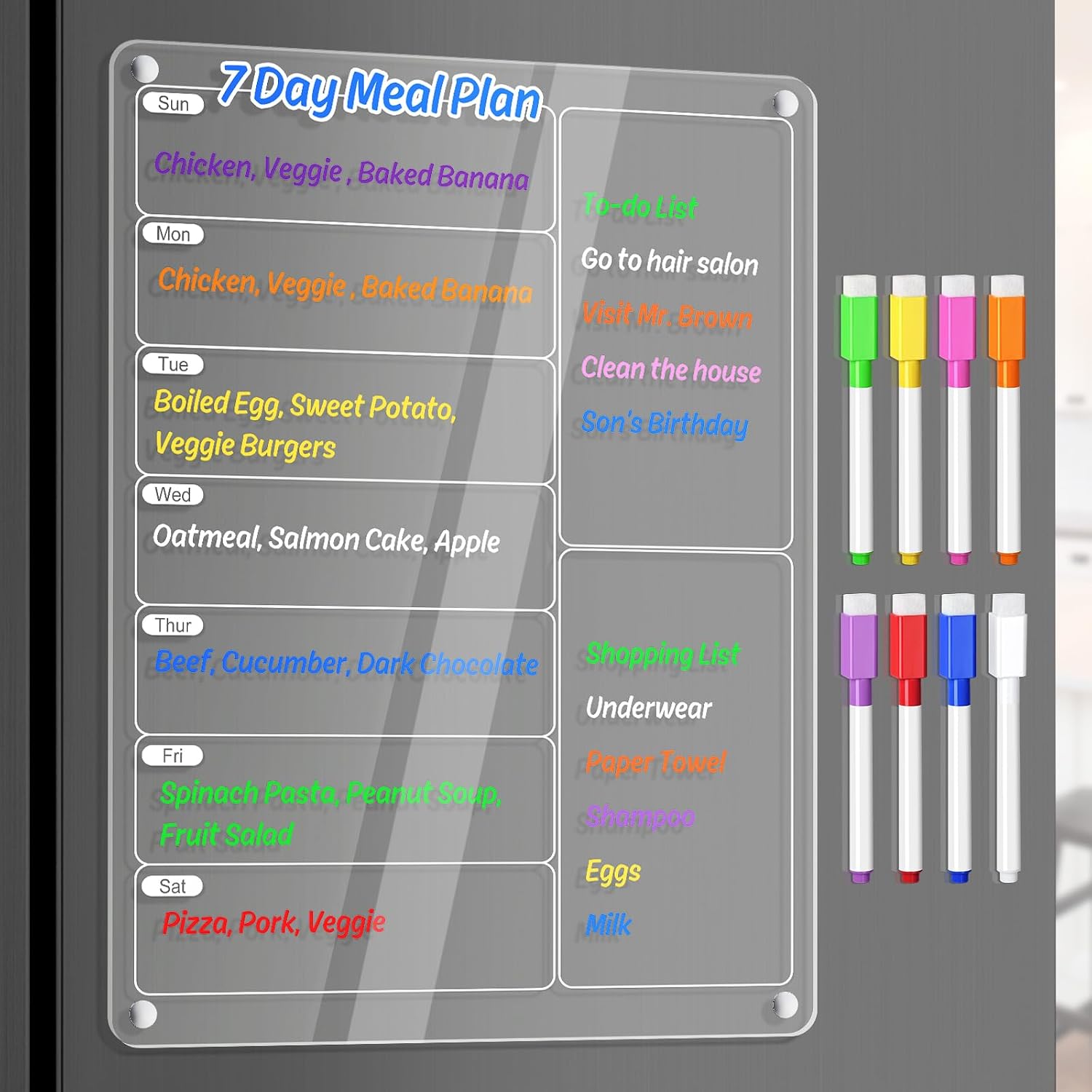 Detalle de OORAII Clear Acrylic Weekly Meal Planner Board, Magnetic, 7-Day Layout